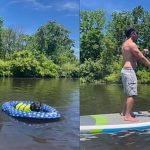 The dog relaxes in a float while its man is canoeing