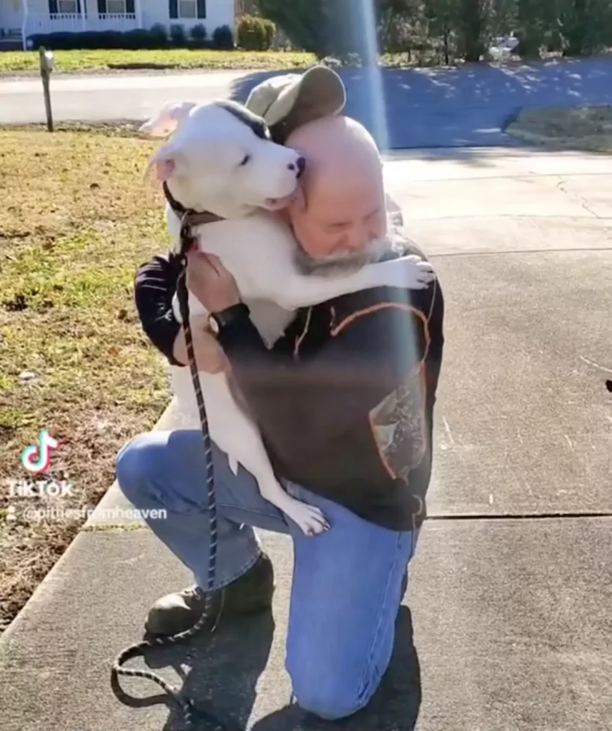 A happy dog ​​hugs her new dad.