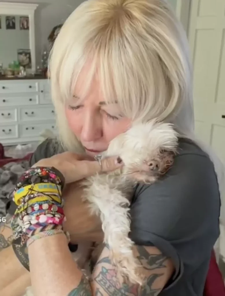 Woman hugs senior dog.